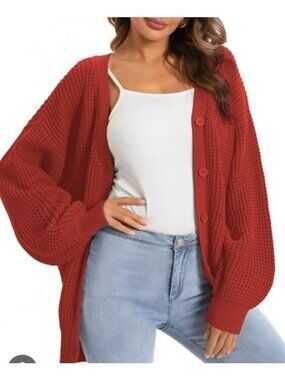 Qualfort Womens Red Button-Up Cardigan Sweater 2XL Knitted V-Neck 100% Cotton